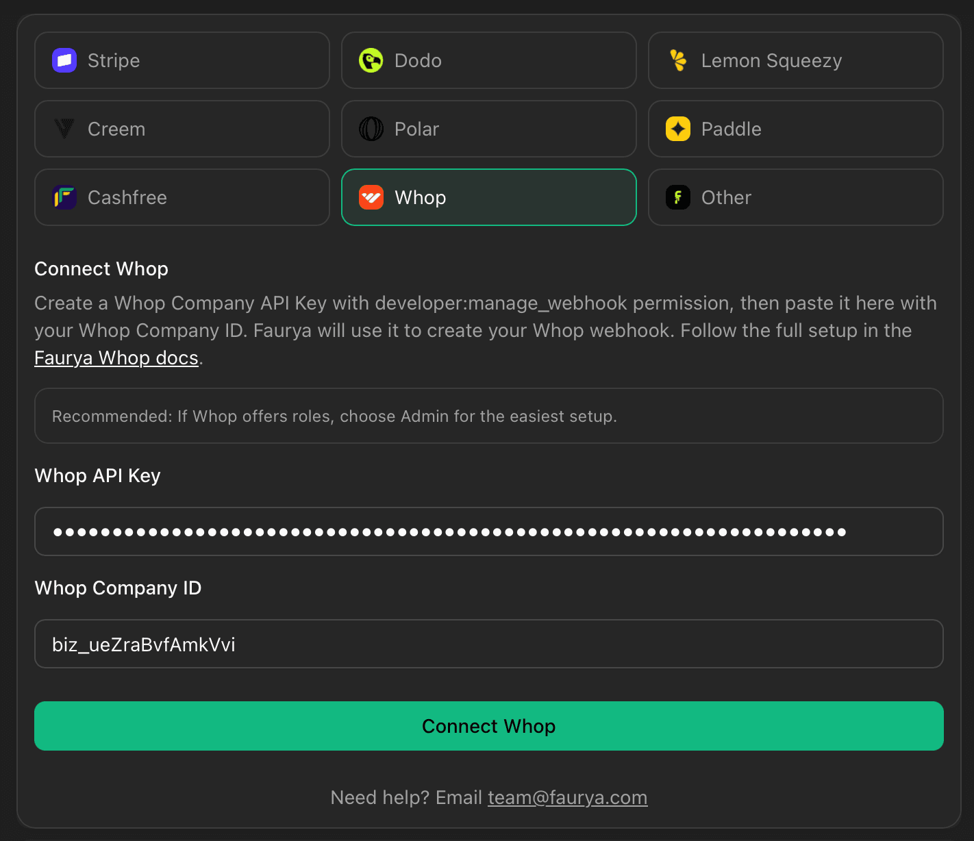 Whop API key permissions