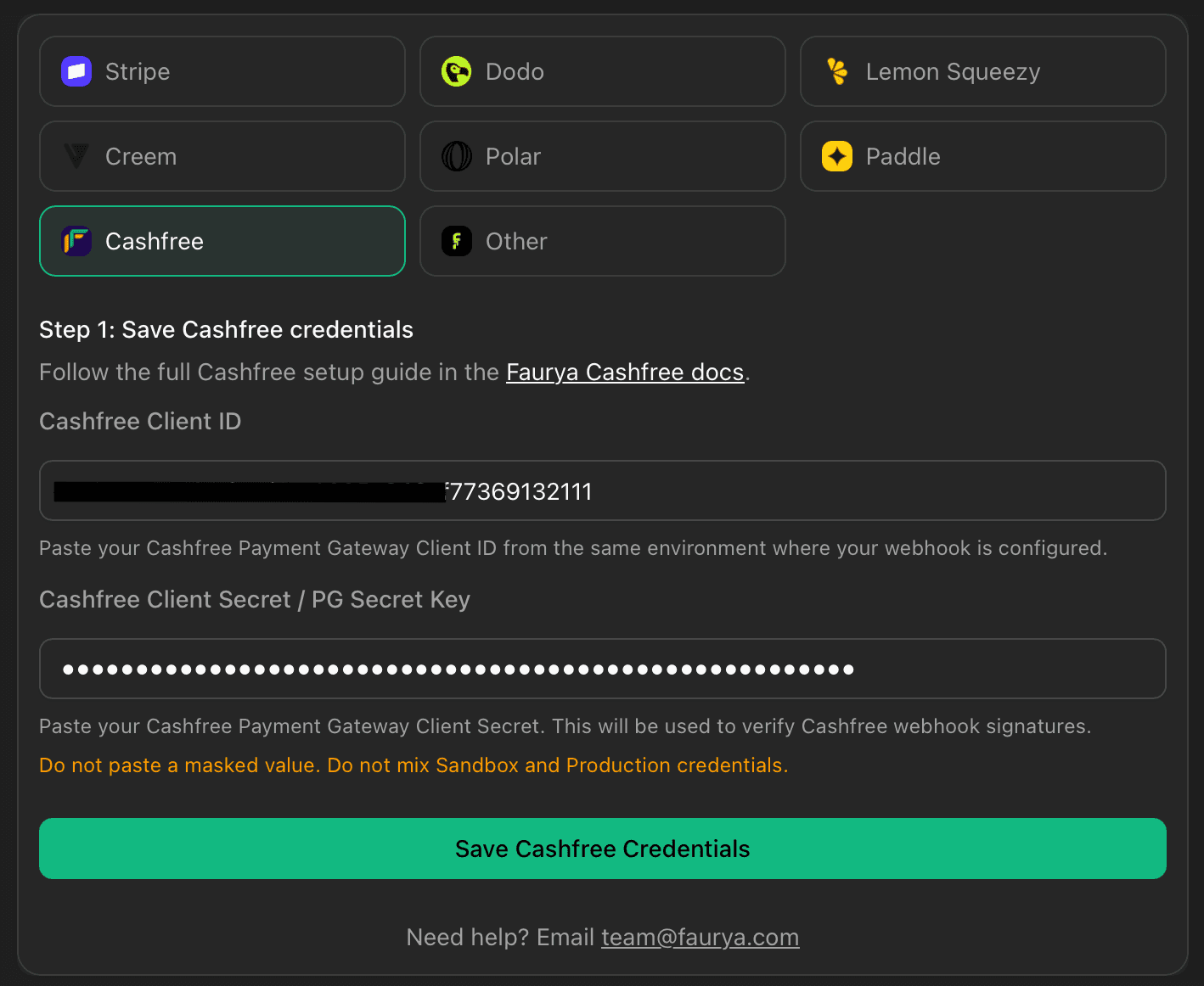 Cashfree credentials step in Faurya