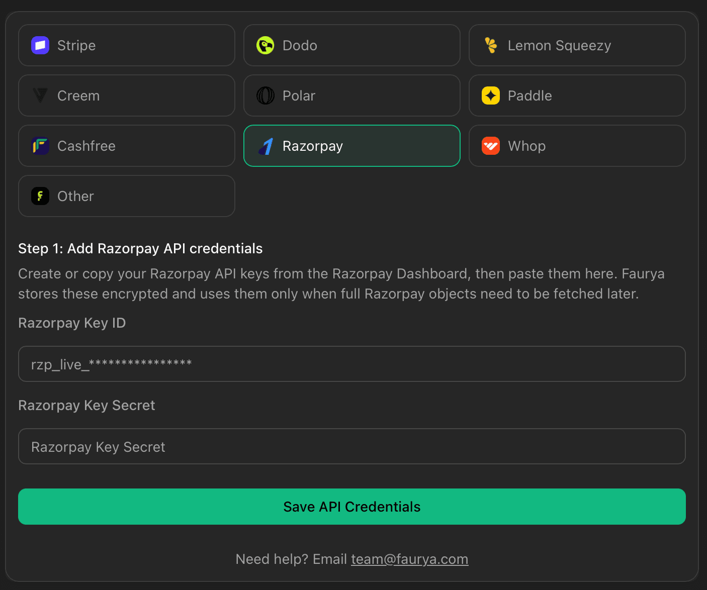 Razorpay credentials step in Faurya