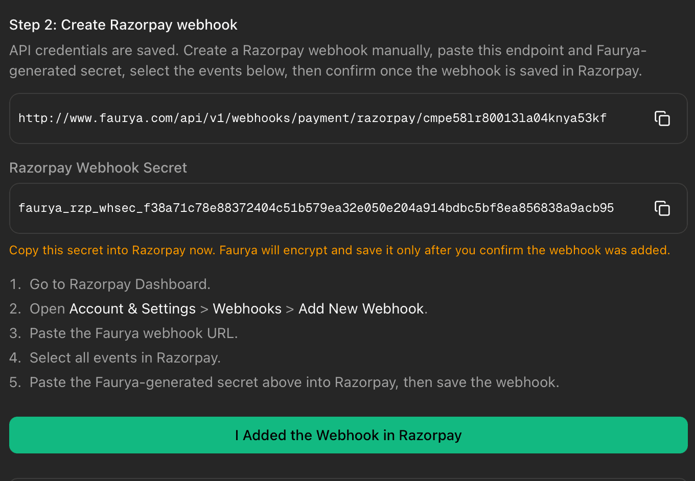 Razorpay webhook setup step in Faurya