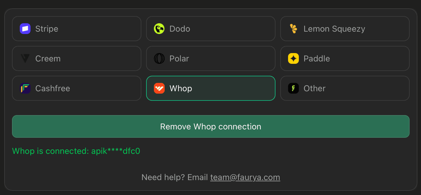 Whop connected state in Faurya