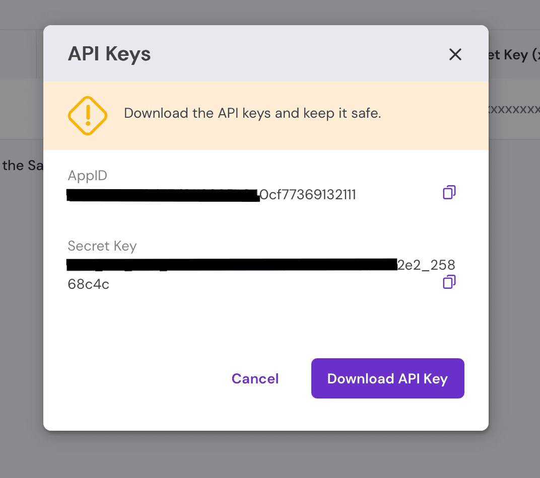 Cashfree API keys modal