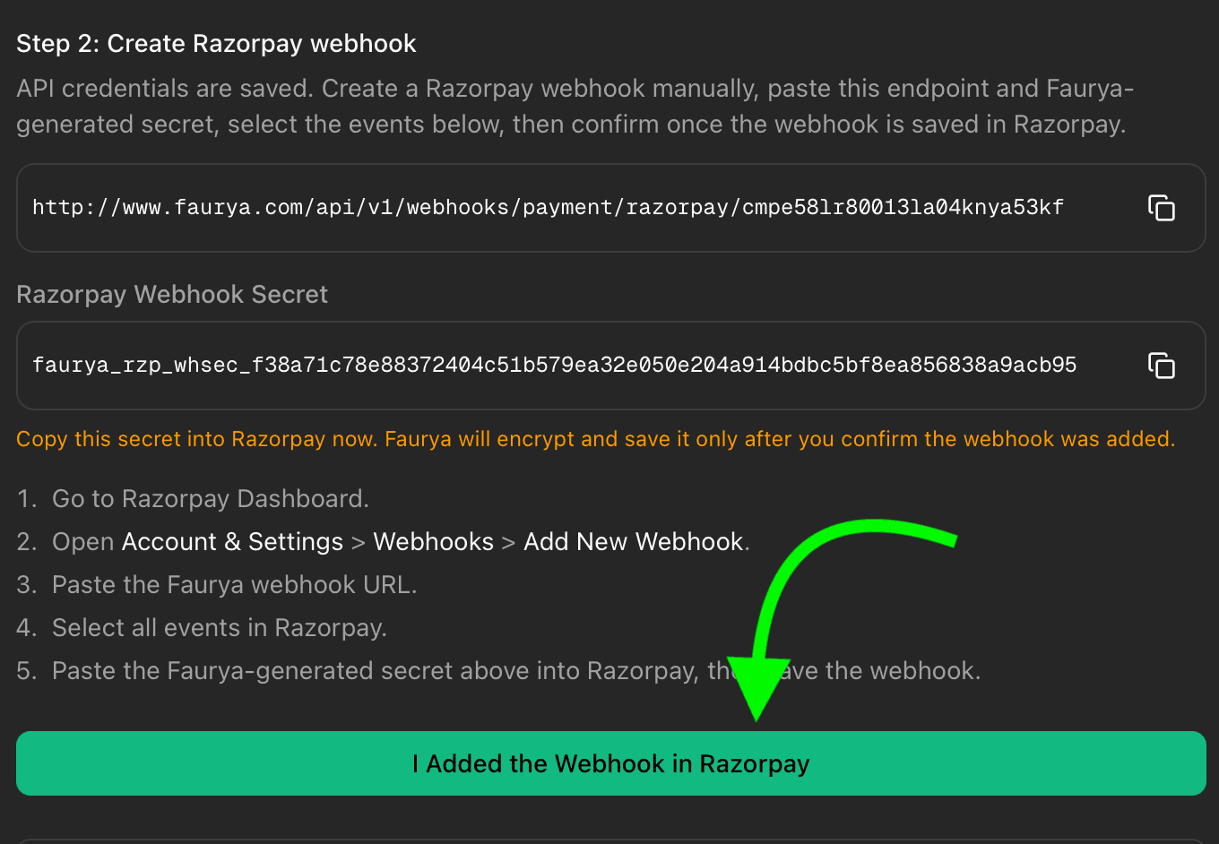 Razorpay webhook event selection