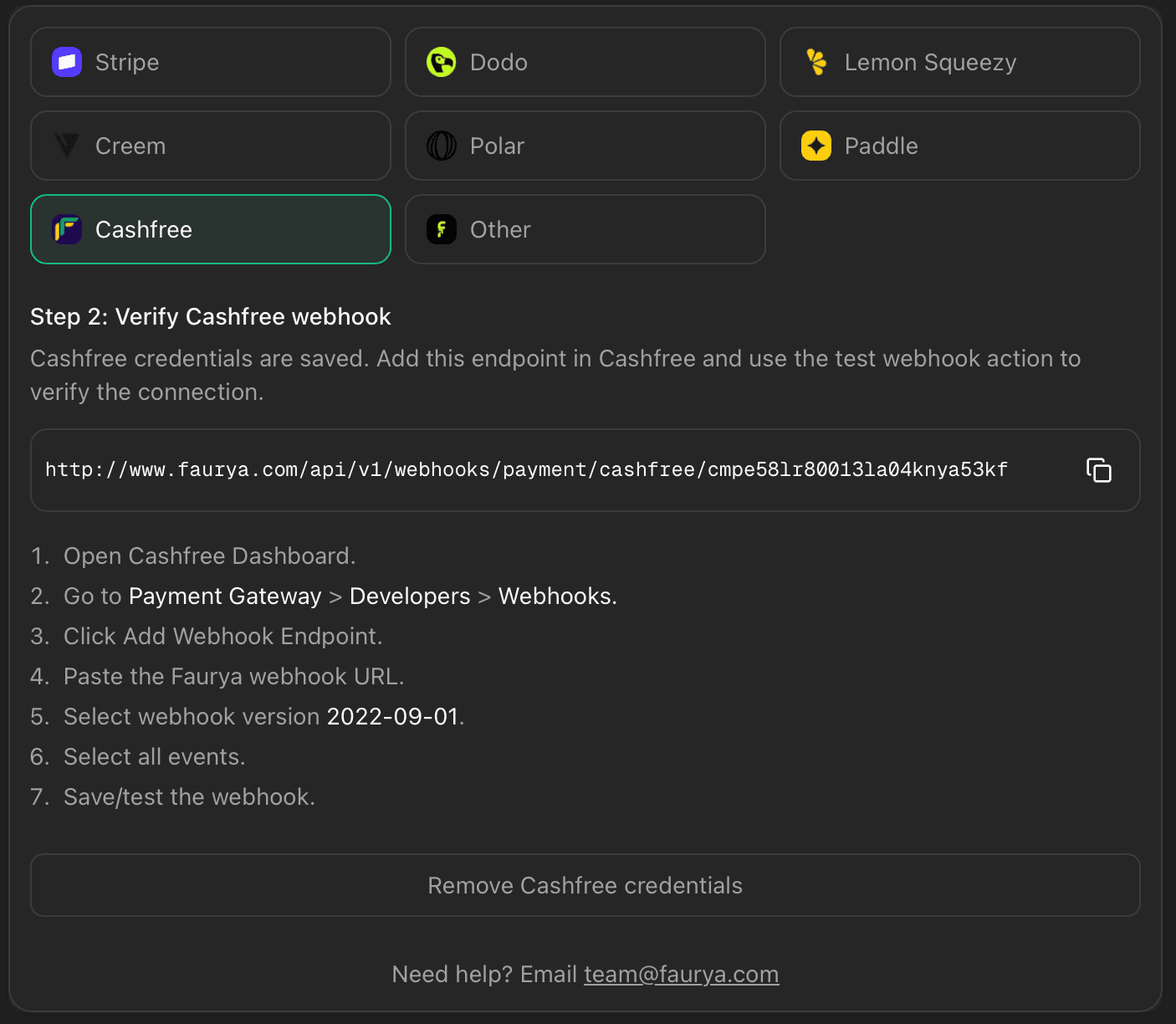 Cashfree webhook setup step in Faurya