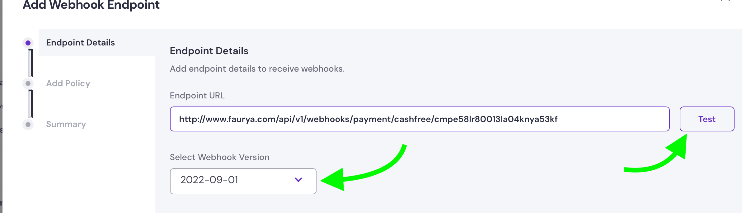 Cashfree add webhook endpoint