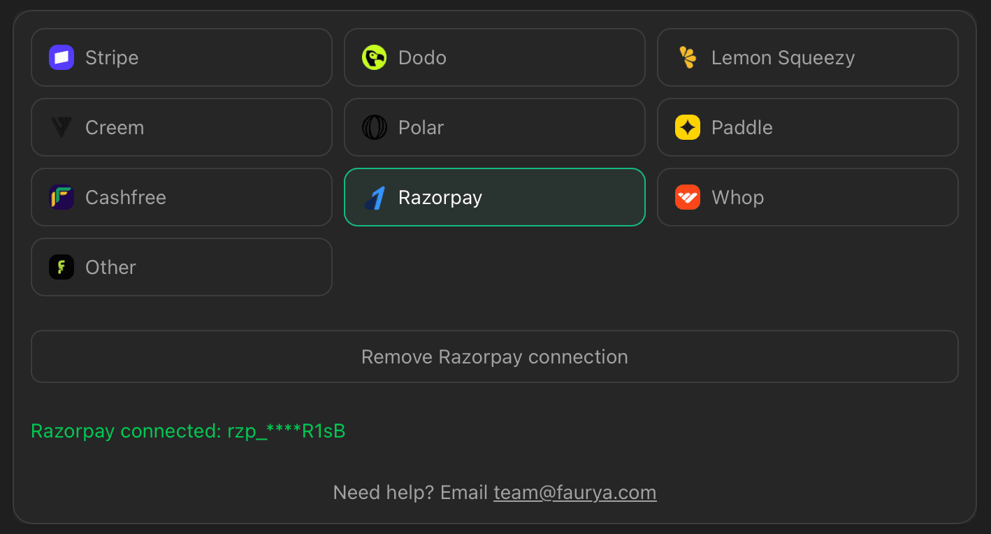 Razorpay connected state in Faurya