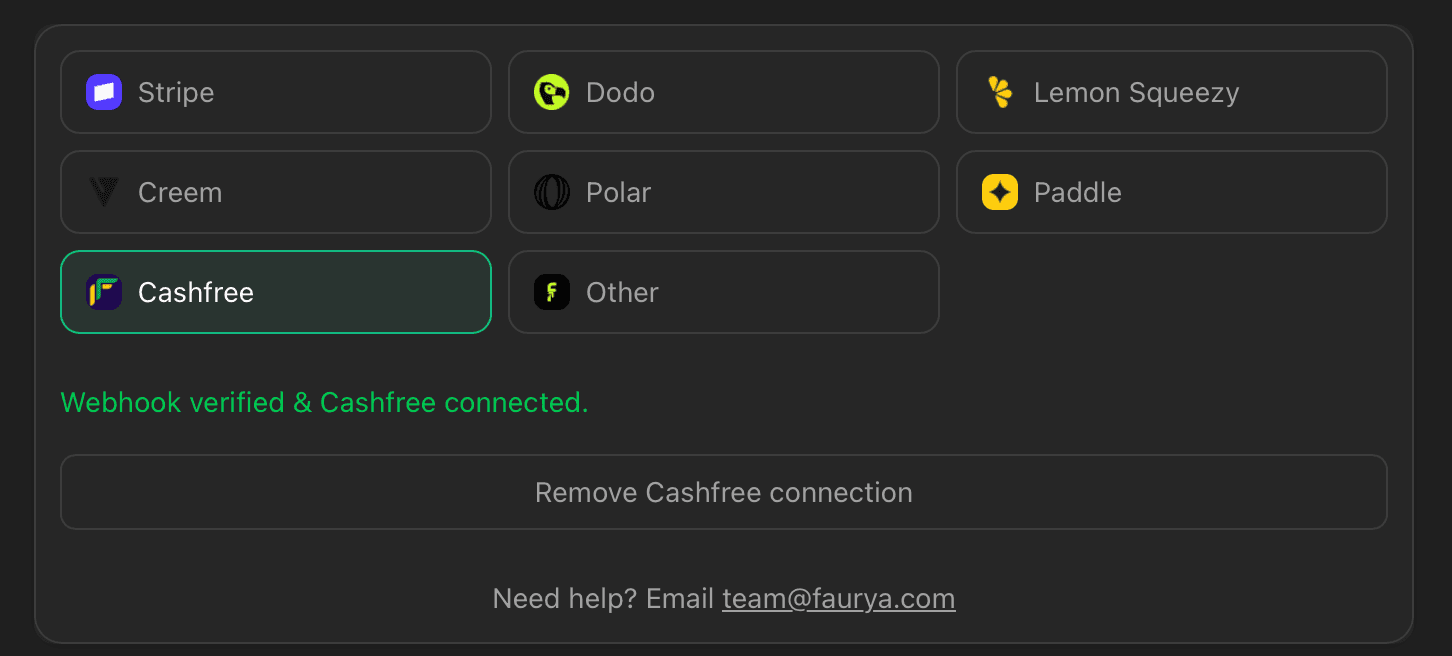 Cashfree connected state in Faurya