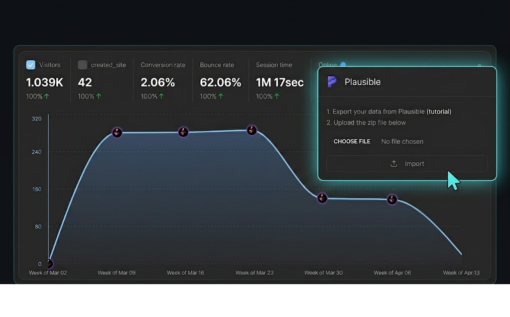 Plausible historical import flow with file upload and validation status